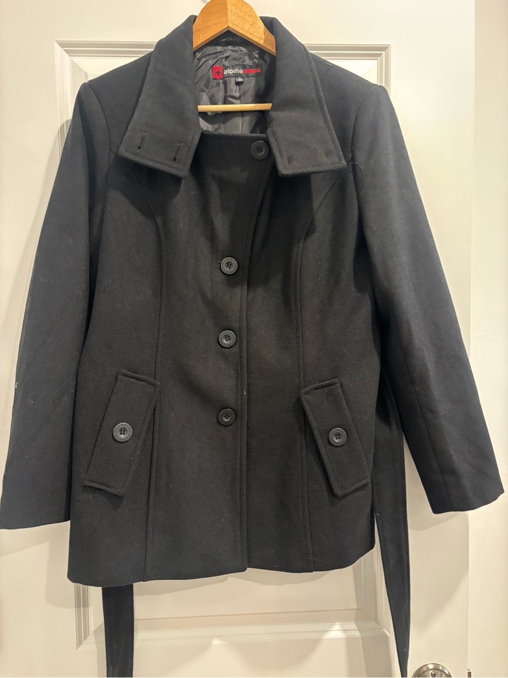 Alpine Swiss Black Wool-Blend Pea Coat with Button Front